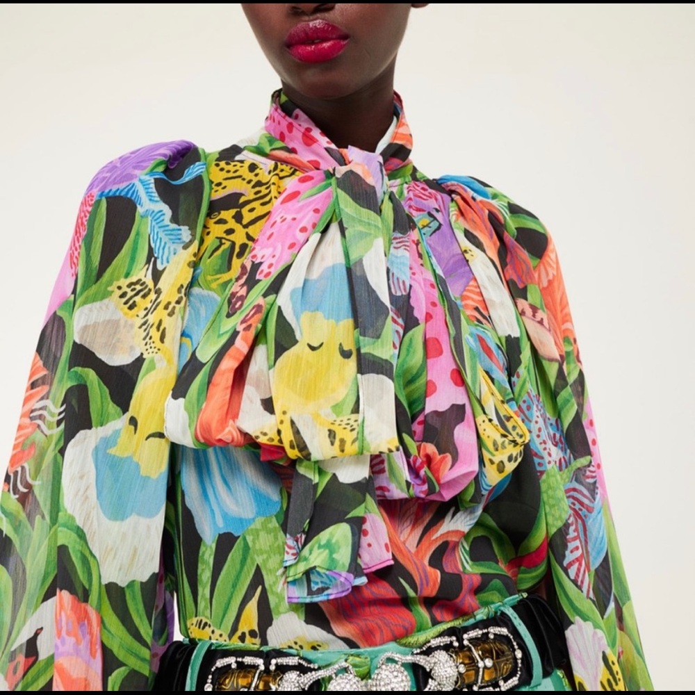 Iris Apfel x H&M floral print patterned tie-bow blouse L